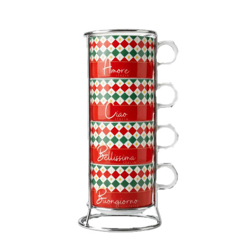 Set 4 tazze da cappuccino impilabili Tricolore Bialetti in porcellana design italiano